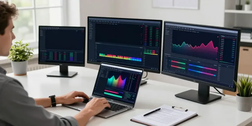 Traders analyzing market data using MetaTrader 5 in a modern home office.
