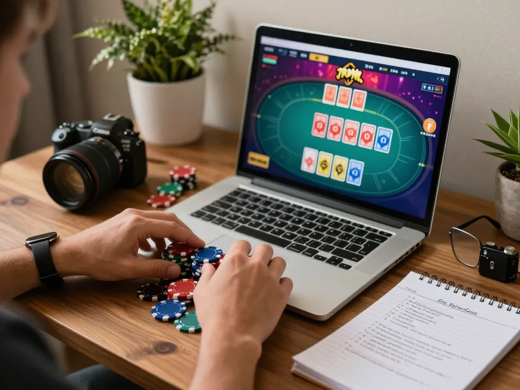 Players engaging in a thrilling poker session on 888new, highlighting strategy with vibrant chips and a detailed screen