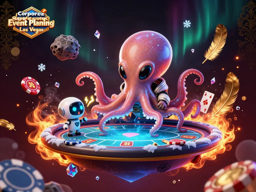 Engaging scene of Corporate Event Planning Las Vegas featuring a cartoon alien octopus at a poker table with vivid cosmic elements.