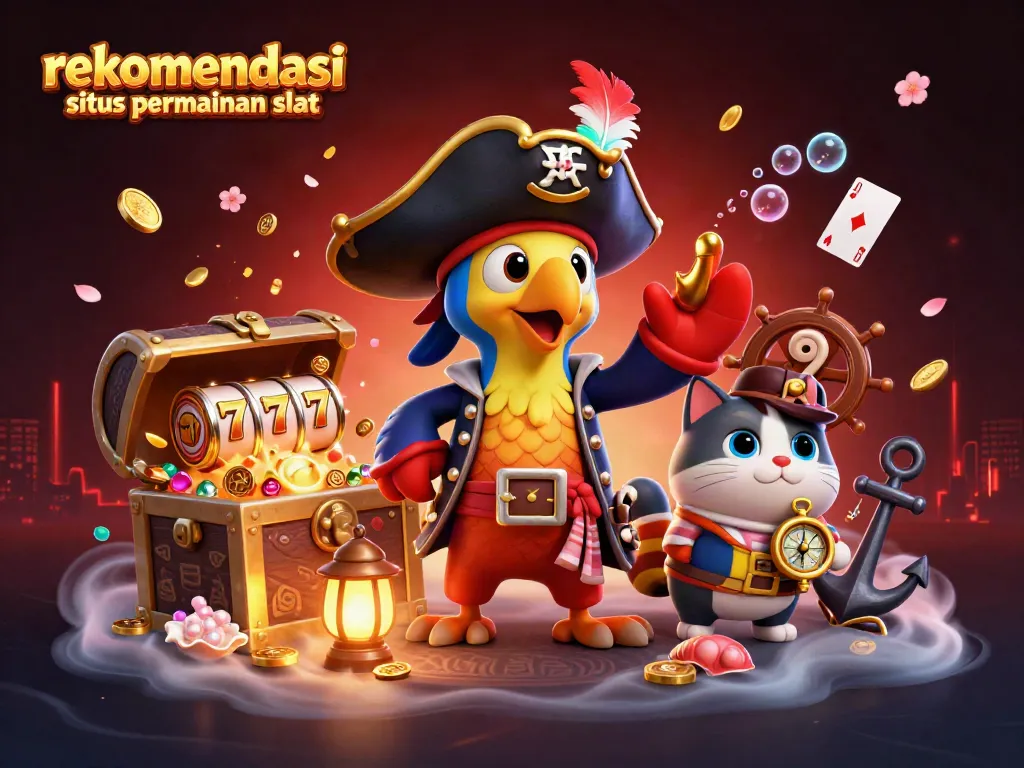 Rekomendasi situs permainan slot menampilkan karakter kartun 3D di dunia kasino yang penuh warna.