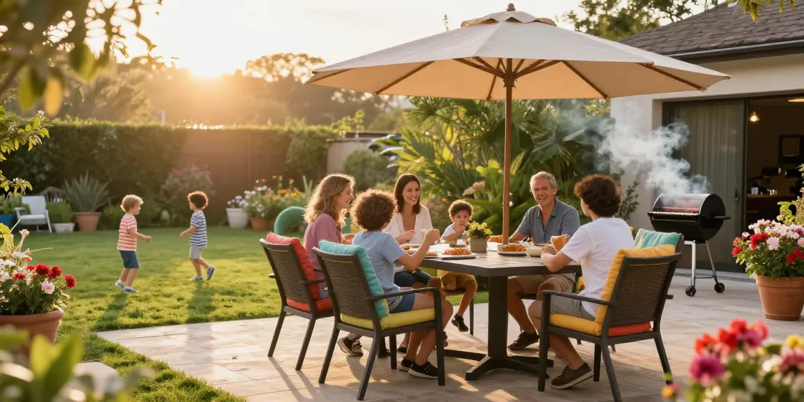 Bright garden patio furniture setting with a dining set and family enjoying outdoor living.