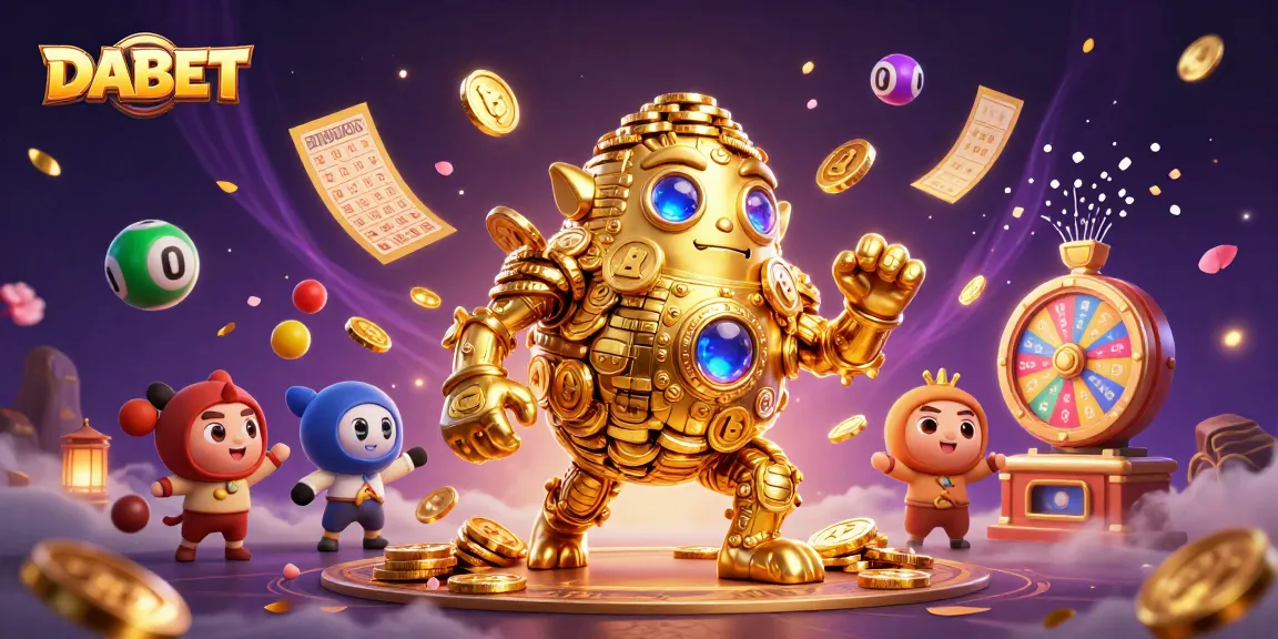 DABET features a magical 3D casino realm with a golden golem and engaging lottery elements.