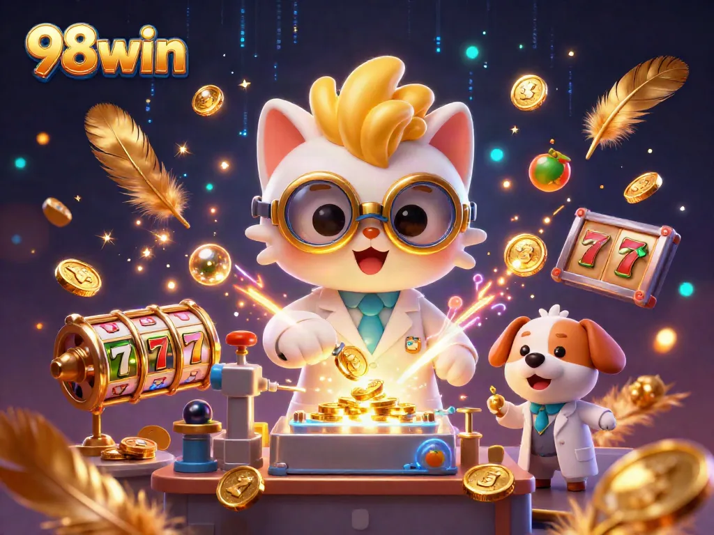 Experience the excitement of 98win with a vibrant casino scene featuring a mad scientist cat and a dog assistant.
