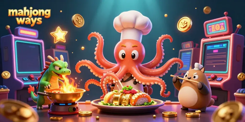 Play mahjong ways with a vibrant casino scene showcasing a cartoon octopus chef and a dragon buddy.
