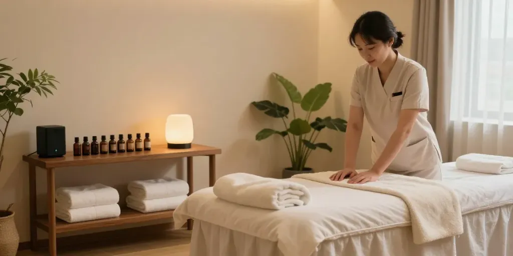 Experience 의왕출장마사지 in a tranquil home spa environment with soothing decor.