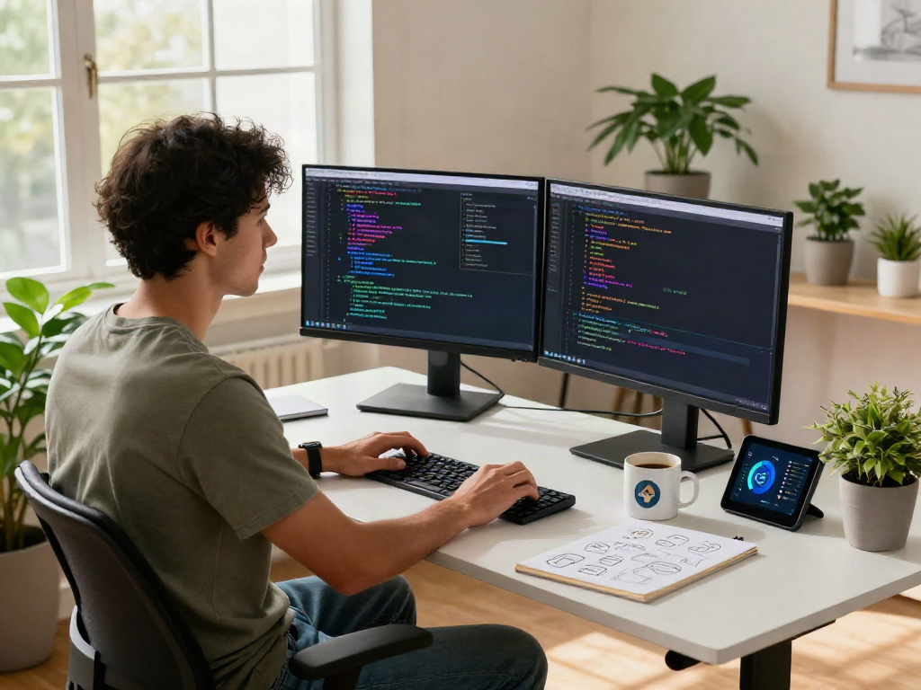 Software developer immersed in coding at a modern workspace, showcasing bro138 technology trends in 2026.