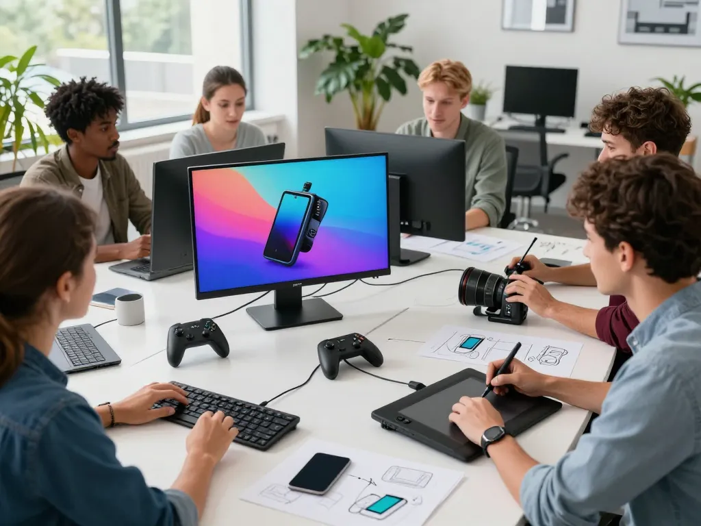 Discover trending tech gadgets in a collaborative workspace setting showcasing innovation and Bluetooth devices.