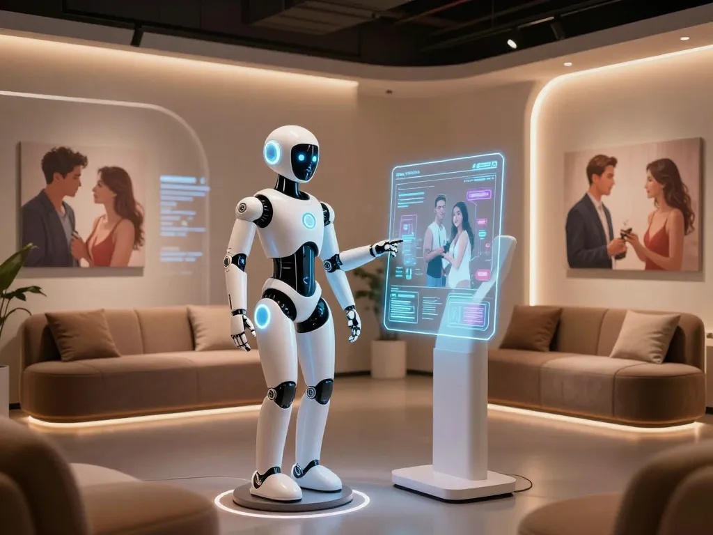 AI sex bot in a futuristic showroom with interactive displays, showcasing innovative technology and user engagement.