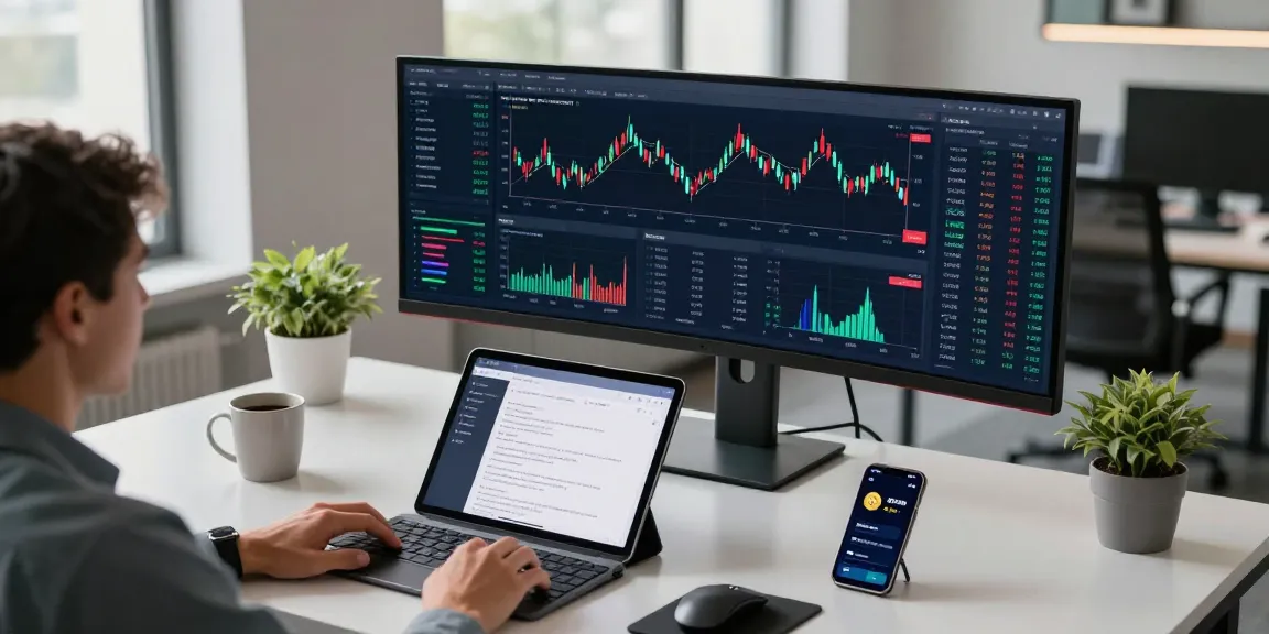 Cricbet trading environment with advanced crypto charts and digital wallets in a high-tech office.