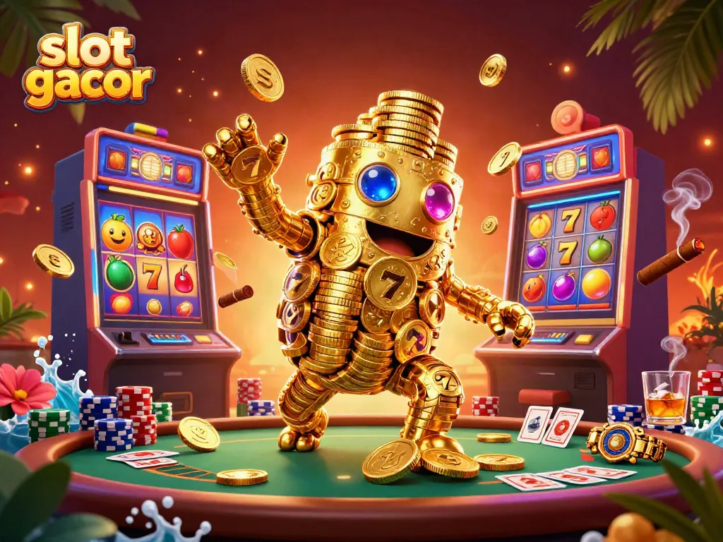 Engage the slot gacor spirit with a scene of vibrant gold coins and classic slot symbols.