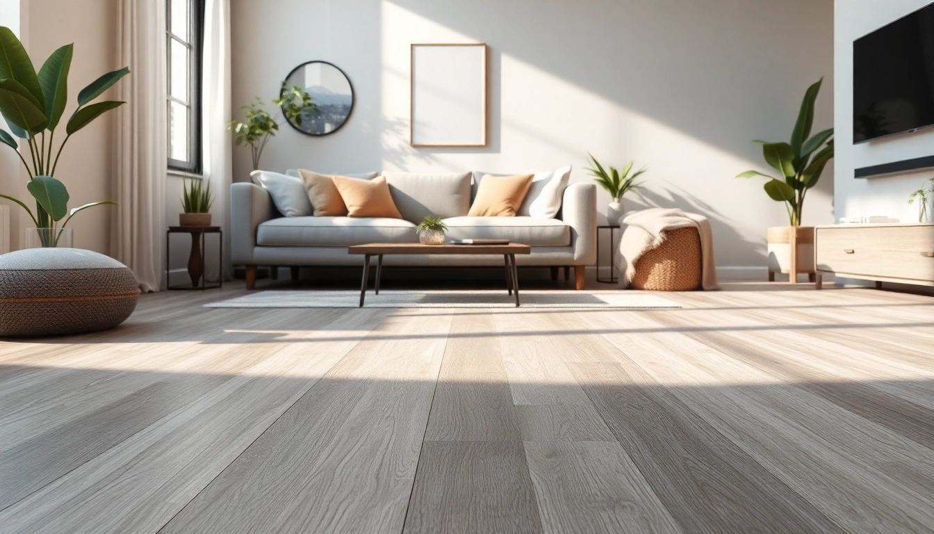 Enhance your space with stylish grey vinyl flooring showcased in a modern living room setting.
