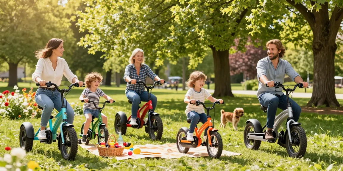 Families enjoying tricycles in the park, highlighting fun electric and kids models.
