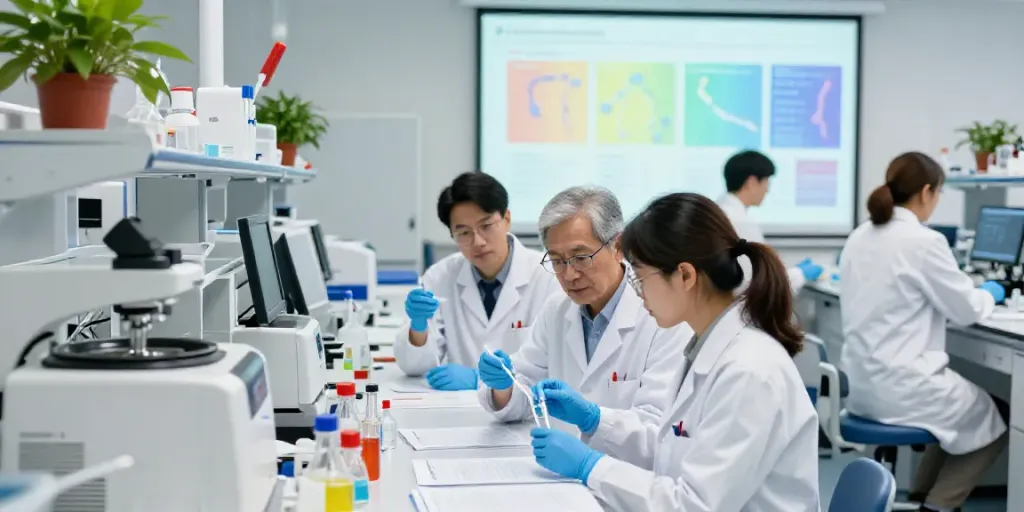 Swiss Chem Labs scientist discussing peptide research with advanced lab equipment.