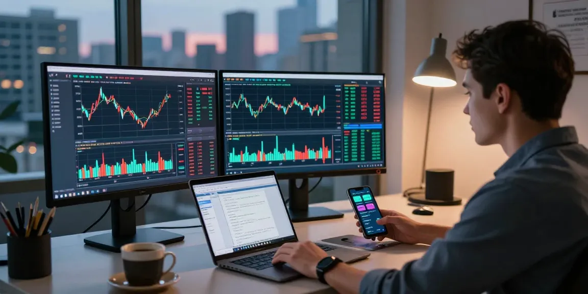 Trader utilizing mt5 platform in a stylish home office for market analysis.