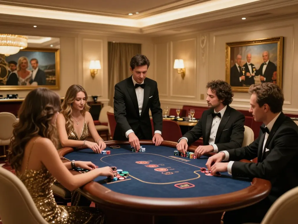 King33 players at a high-stakes poker table enjoying a thrilling game in a luxurious casino.