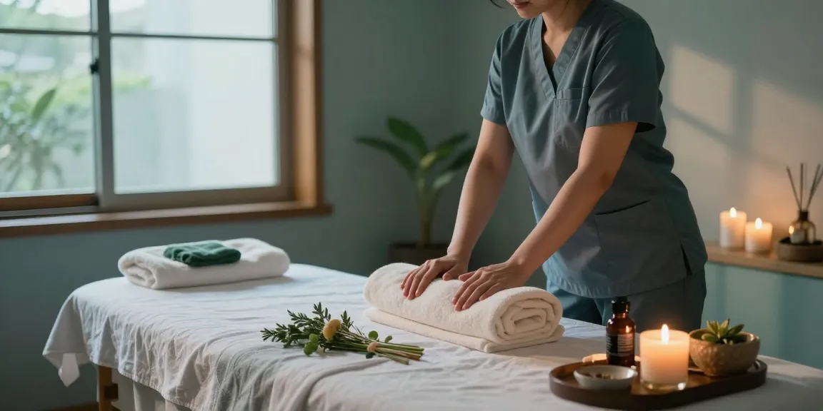 용산출장안마 서비스를 위한 평온한 스파 장면, 아로마 캔들과 마사지 테이블이 있는 휴식 공간