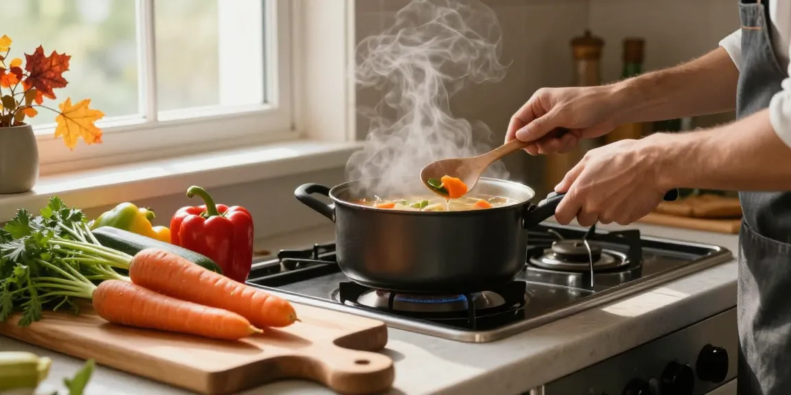 Frische Zutaten für eine köstliche vegetarische Suppe in einer gemütlichen Küche.