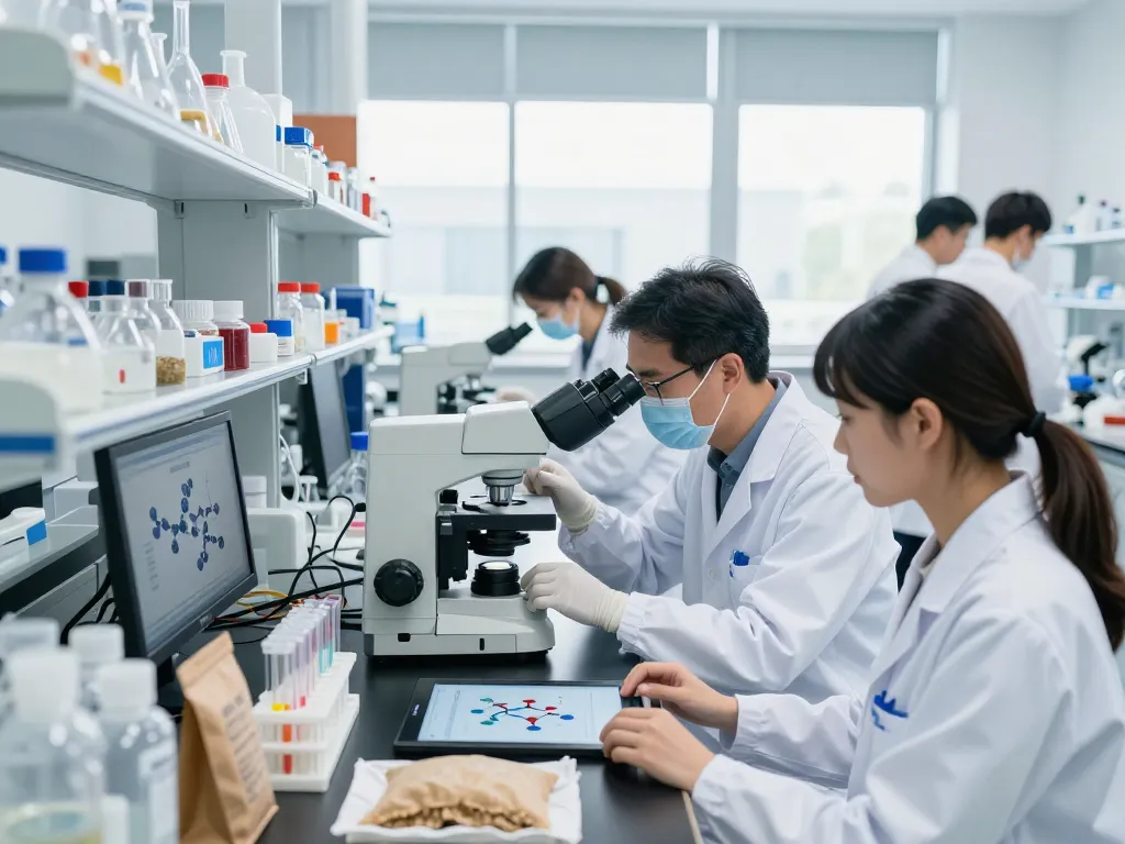 Laboratory researchers developing Bluepha biopolymers with advanced technology and samples in a bright, innovative lab.