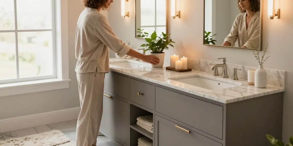 Modern bathroom vanity with double sinks and elegant decor in a bright setting.