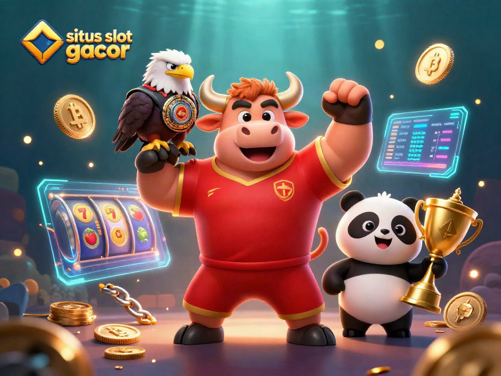 situs slot gacor showcases a jubilant bull applying winning strategies next to a trophy-holding panda and eagle, surrounded by slot themes.