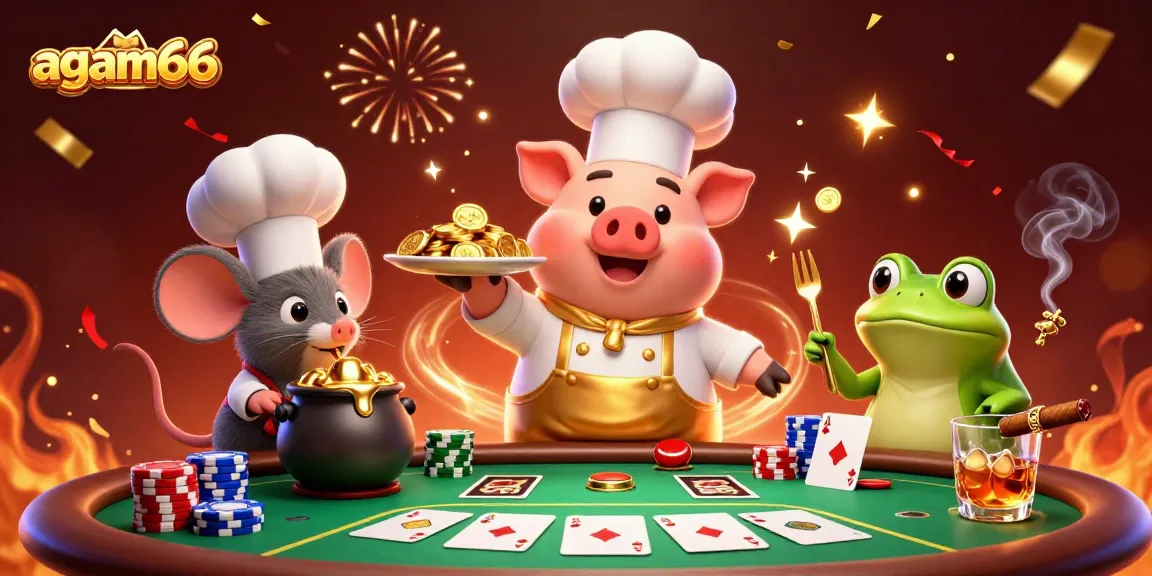 Play and win with AGAM66 at a vibrant casino scene featuring gold coins and poker elements.
