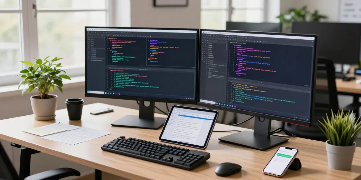 Developer coding on dual monitors in a modern workspace at teiegramin.com