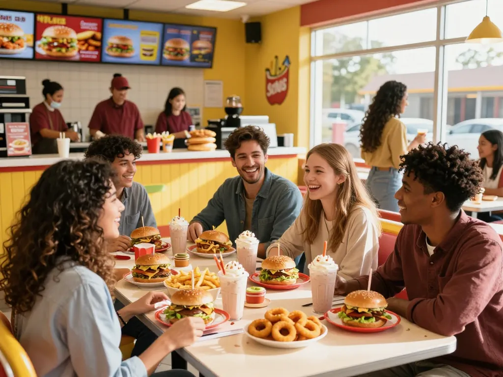 Friends enjoying colorful fast food menu items in a lively restaurant.