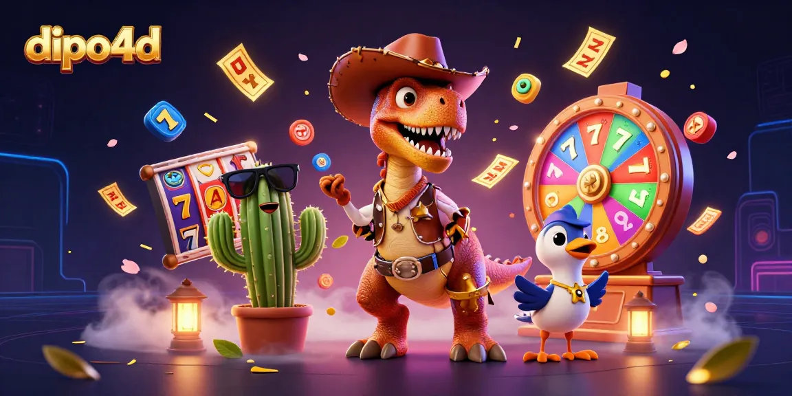 Spin the slots at dipo4d, featuring engaging characters amidst vibrant casino elements.