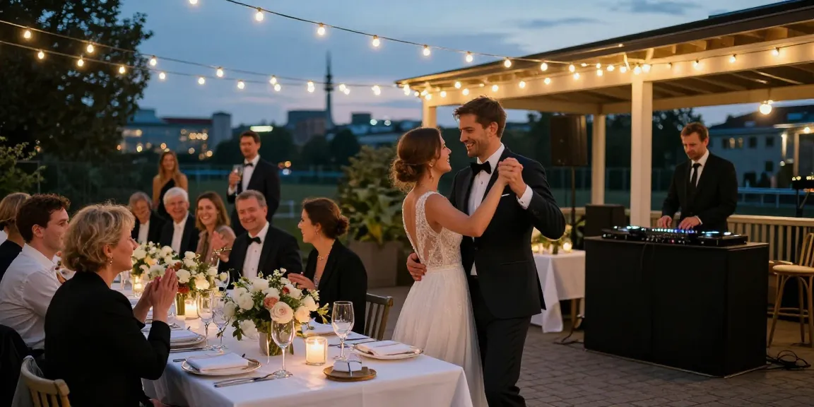 DJ für Hochzeit Berlin – Hochzeitsfeier in Berlin mit tanzenden Paar und DJ im Hintergrund.