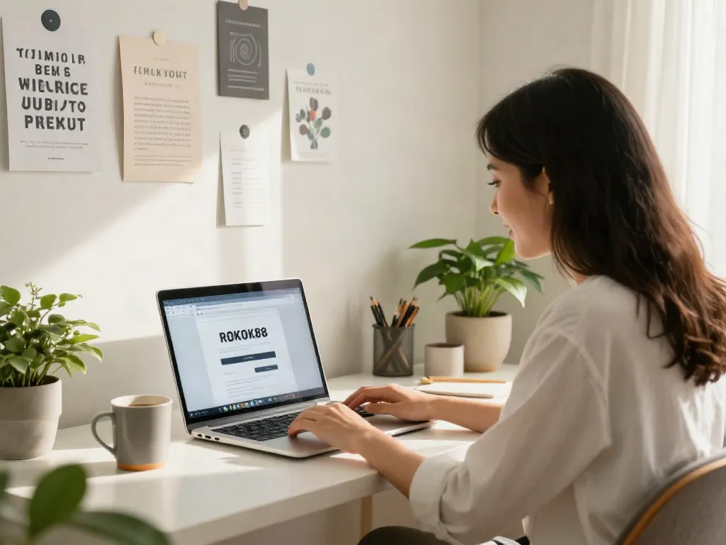Professional using rokok88 login in a cozy home office, surrounded by motivational quotes and plants.