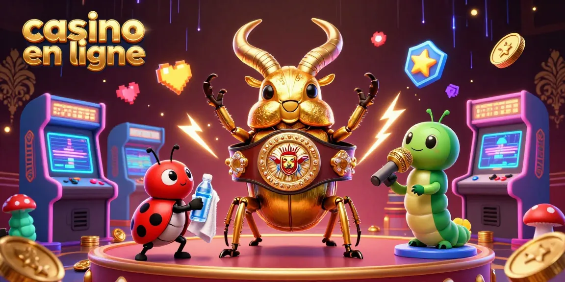 Découvrez le monde palpitant du casino en ligne avec un combat épique entre un coléoptère doré et un croupier sur un plateau de jeu.
