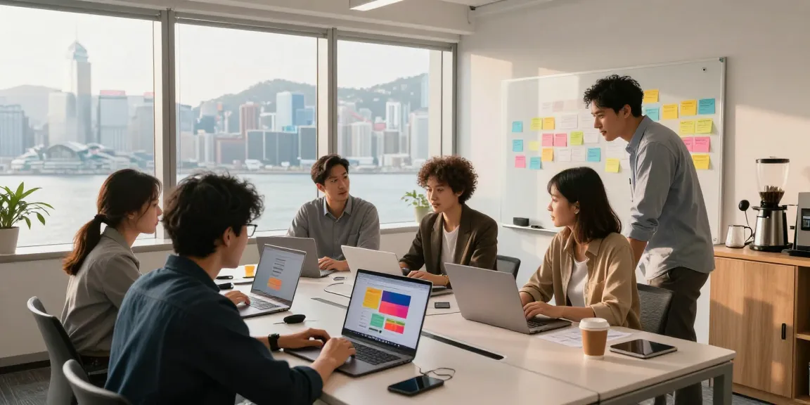 Team collaborating at a web design agency in Hong Kong, showcasing innovative designs.