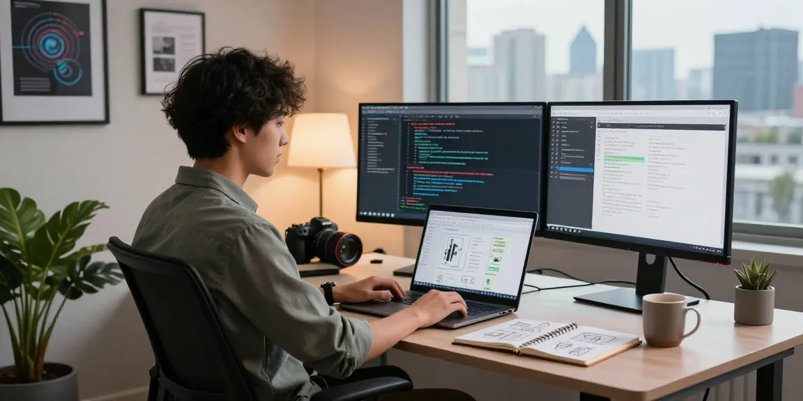 Pengembang muda di ruang kerja perangkat lunak modern, menampilkan https://predictplay.io/ di layar, suasana profesional dan kreatif.