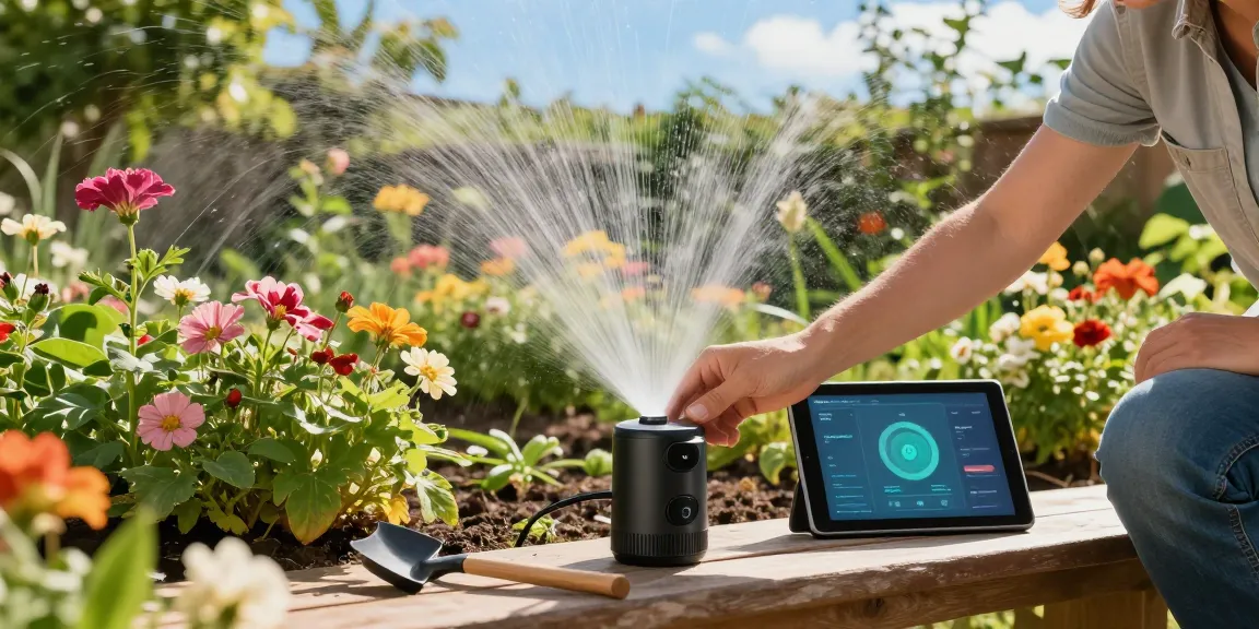 Smart sprinkler system in a flourishing garden setup, showcasing efficient irrigation for healthy plants.