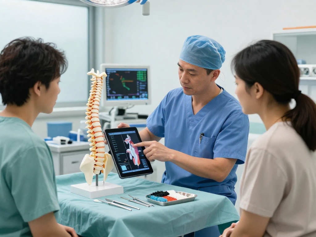 Dar kanal ameliyatı consultation with a surgeon explaining spinal stenosis treatment options.