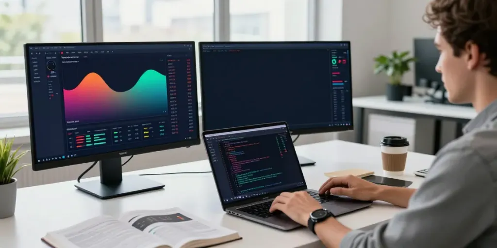 Crypto trading environment with stock API Python integration, professional workspace featuring multiple screens and tools.