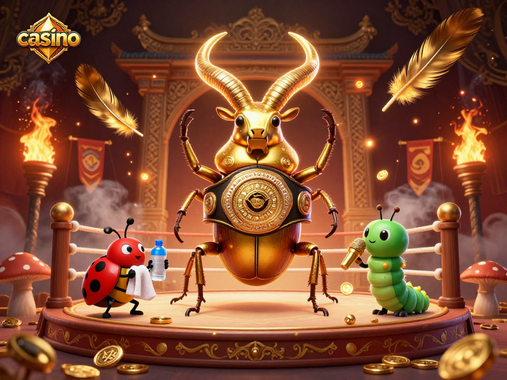 Engaging casino showdown with a giant golden stag beetle in action, surrounded by vibrant gaming elements.