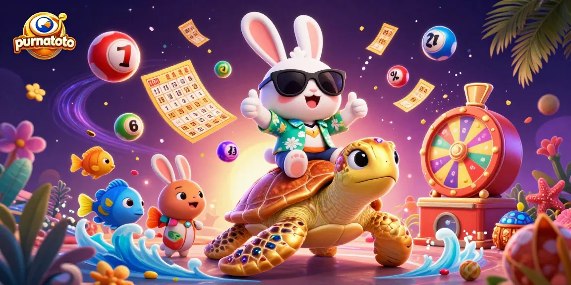 Purnatoto menyajikan ilustrasi 3D dari kelinci keberuntungan dan penyu emas dikelilingi bola lotere yang penuh warna.