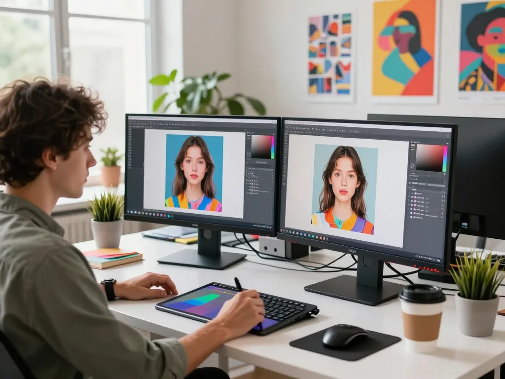 Creative professional in a digital studio using NSFW AI tools on dual monitors amidst an artistic environment.