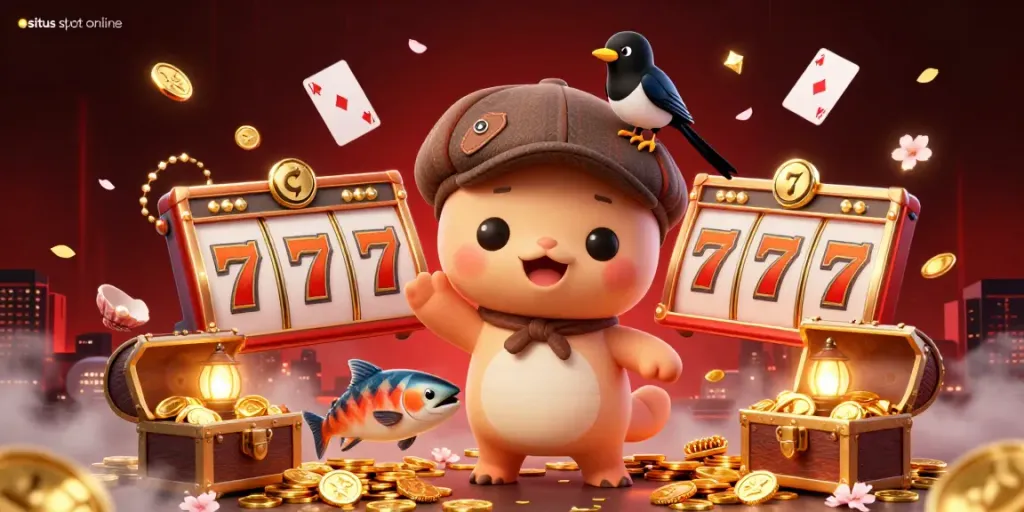 Gulir dan menangkan di situs slot online dengan ilustrasi menarik dari jackpot dan slot yang berwarna-warni.