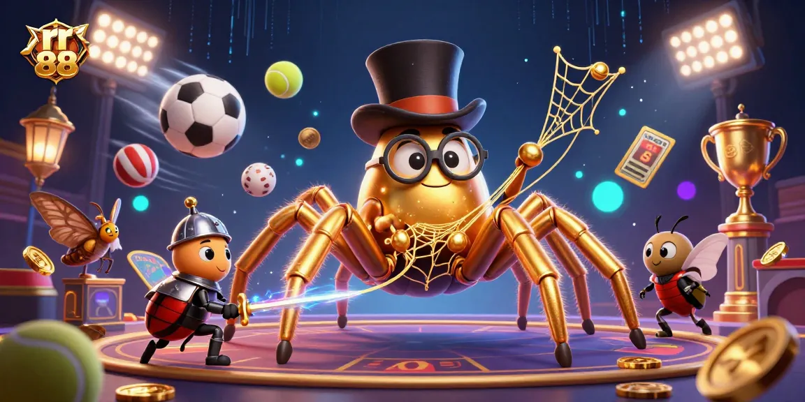 Engage with rr 88 casino adventures featuring a golden tarantula and knight in a vibrant 3D scene.