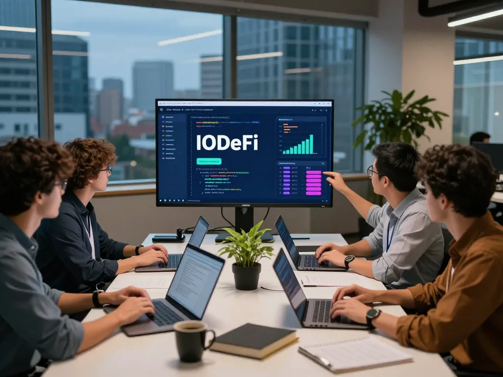 Dynamic team collaboration on the IODeFi platform in a modern workspace.