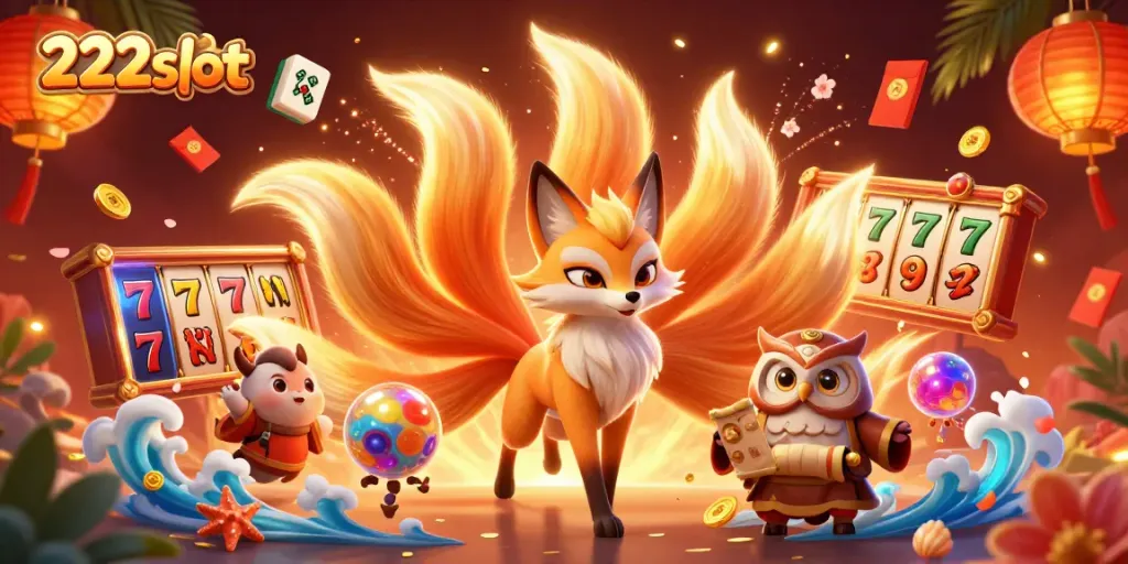 Menampilkan permainan slot yang menarik dengan 222slot di latar belakang, dikelilingi oleh karakter menarik dan detail meriah.