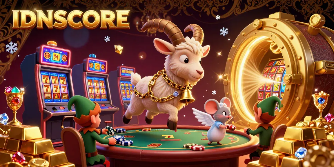 Join the fun at IDNSCORE as the festive Krampus goat oversees a lively casino filled with colorful slots and playful characters.