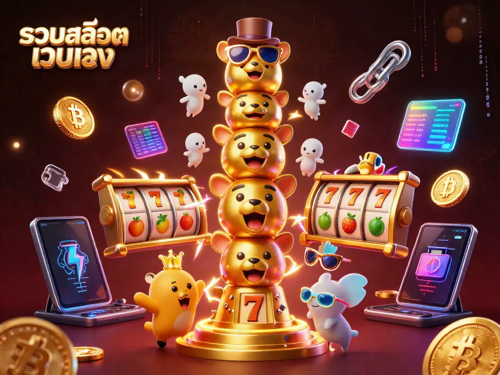 Spin the reels at รวมสล็อตเว็บตรง with vibrant slot game characters and crypto elements.