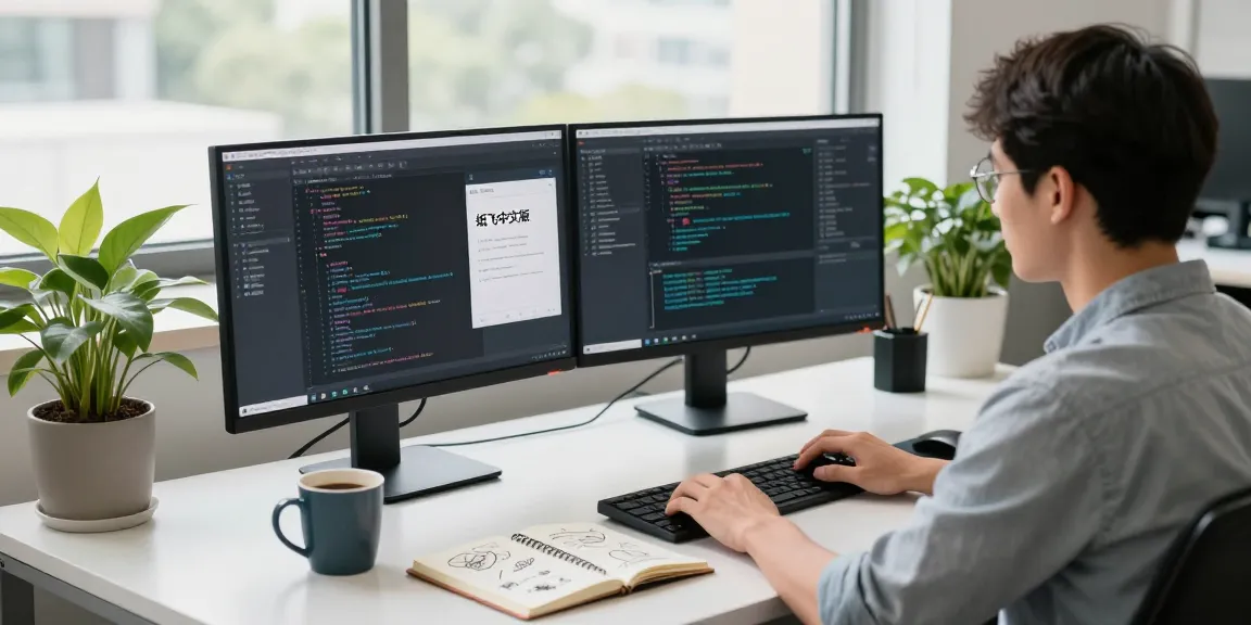 Workspace with multiple monitors showcasing 纸飞机中文版 application, presenting a productive tech environment for communication tool development.