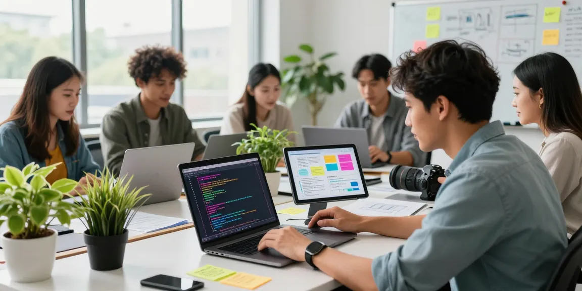 Collaborative software development team at work on https://www.bdtjl.app/ in a modern office setting.