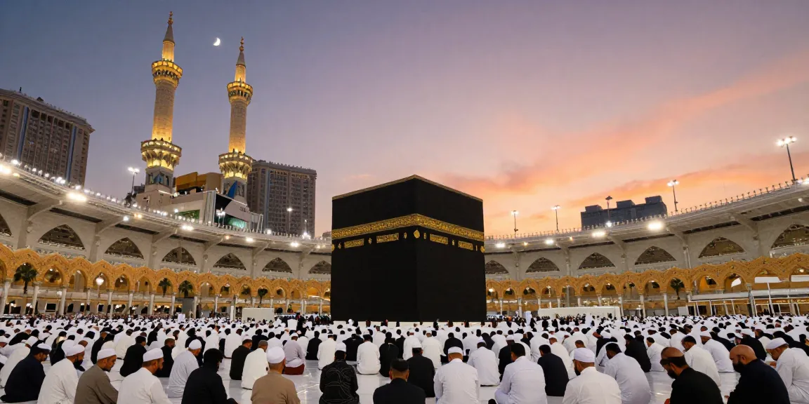 Experience umroh Itikaf in the serene atmosphere of Mecca, capturing spiritual unity among pilgrims.