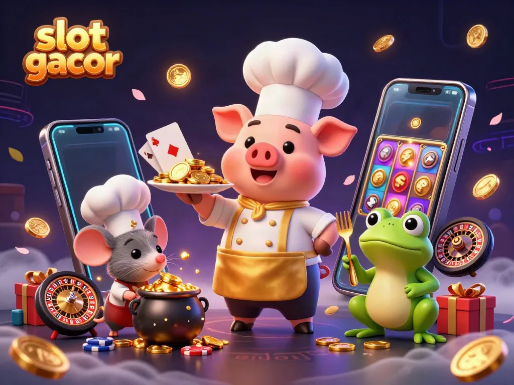 Win big with slot gacor! Chef pig serves golden coins in this vibrant casino illustration.