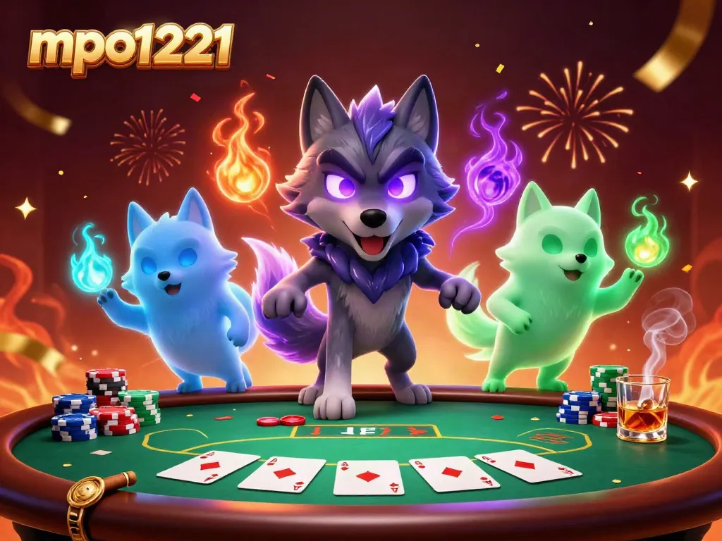 Engage with mpo1221 in a vibrant 3D scene of poker excitement, featuring dynamic characters and elaborate game elements.
